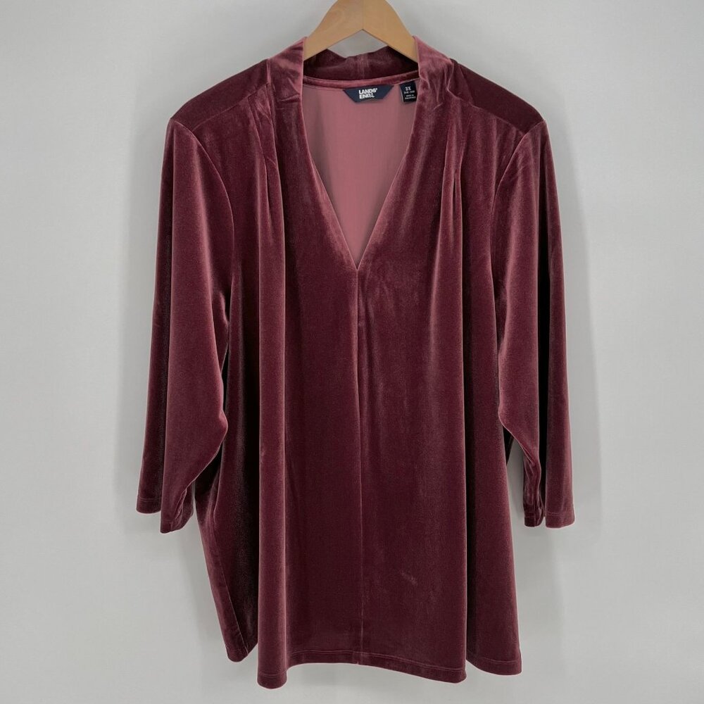 Lands End Womens Velour Tunic Top Size 3X Burgundy Relaxed Fit Stretch Elegant‎
